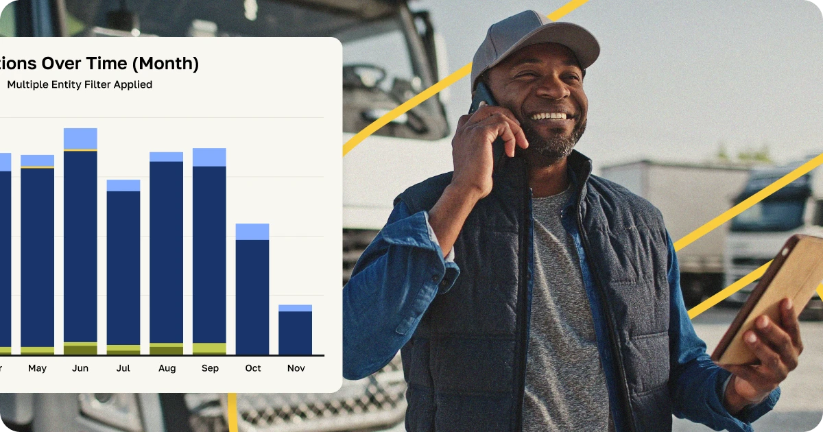 A smiling man in work attire speaking on the phone while holding a tablet, with a bar graph displaying data trends in the background emphasizing fleet compliance analysis over time