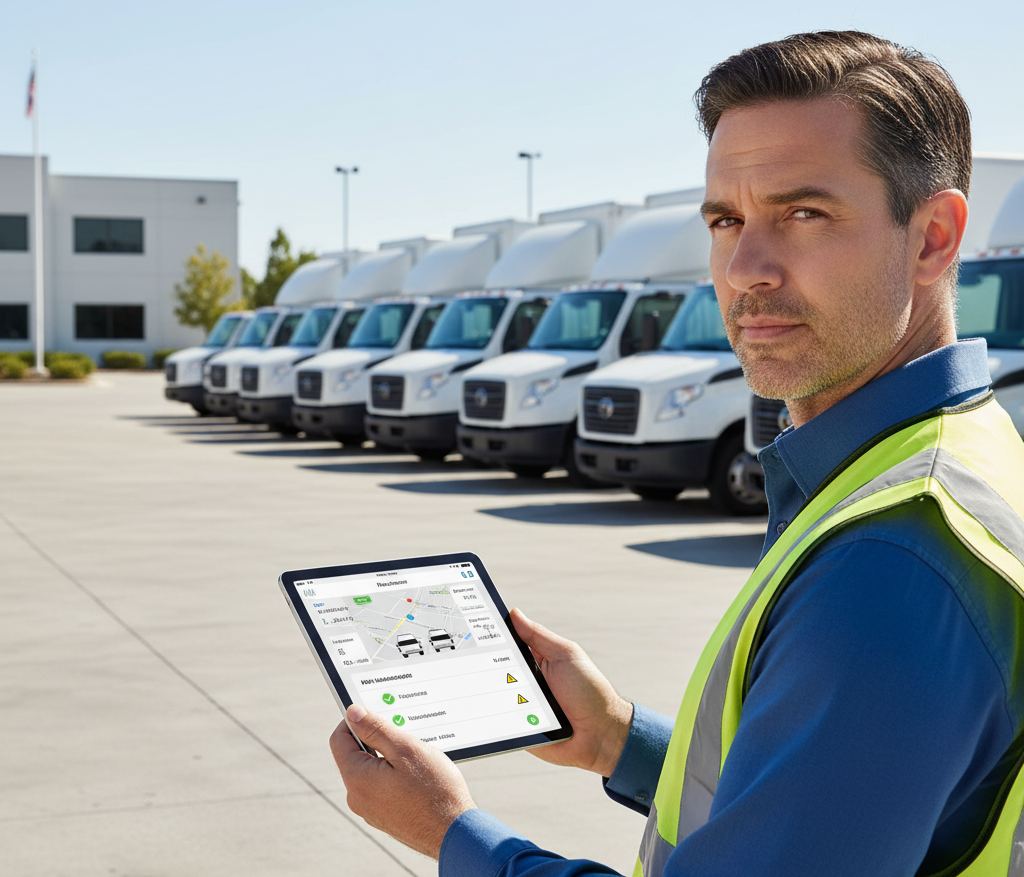 Fleet manager using tablet to manage fleet lifecycle in front of trucks