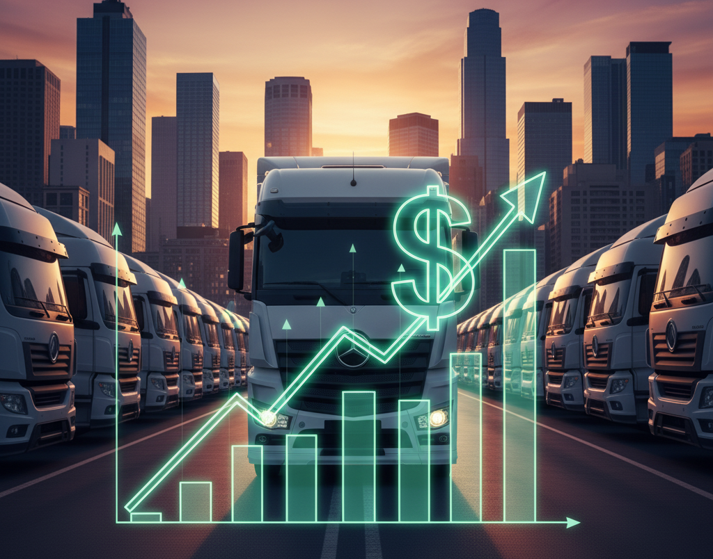 Trucks in a fleet with digital graphics showing fuel cost reduction strategies