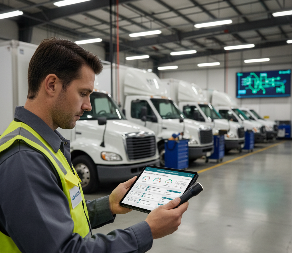 Technician using tablet for fleet maintenance checklist in truck garage