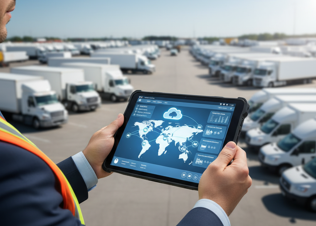 Digital fleet management system on a tablet in a vehicle parking area