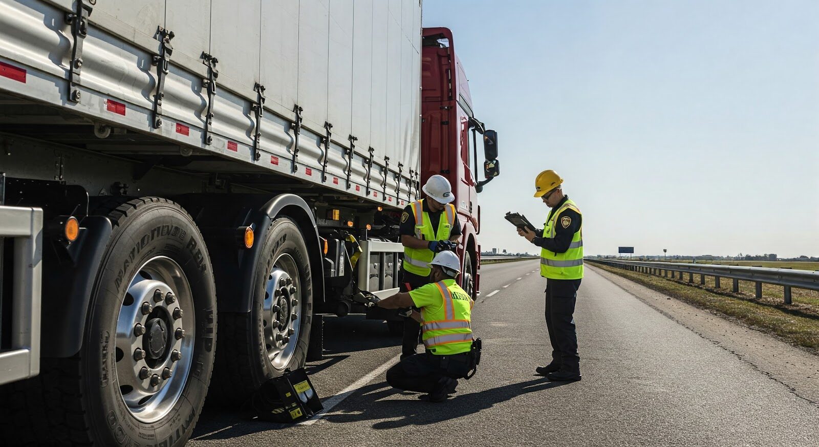 Inspectors checking a truck's axle weight on the highway