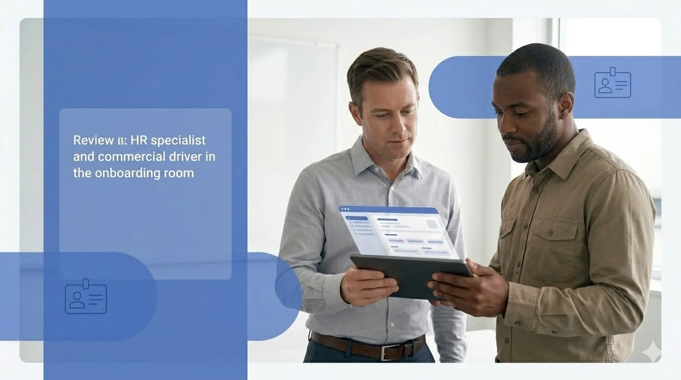 HR and driver reviewing compliance dashboard on tablet