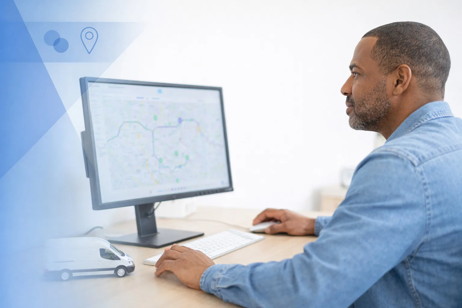 Man optimizing fleet routes on computer for sustainability and predictive maintenance