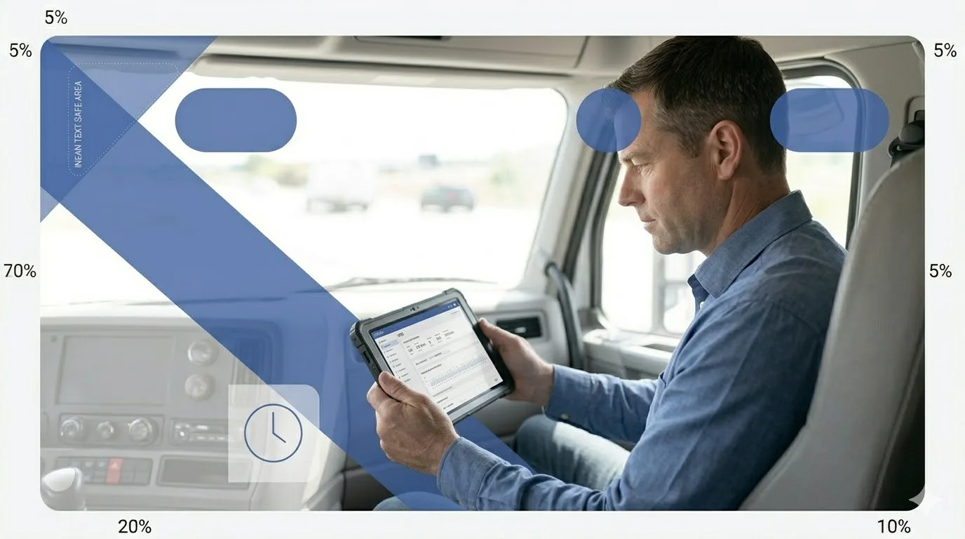 Examining FMCSA compliance updates on a tablet inside a vehicle.